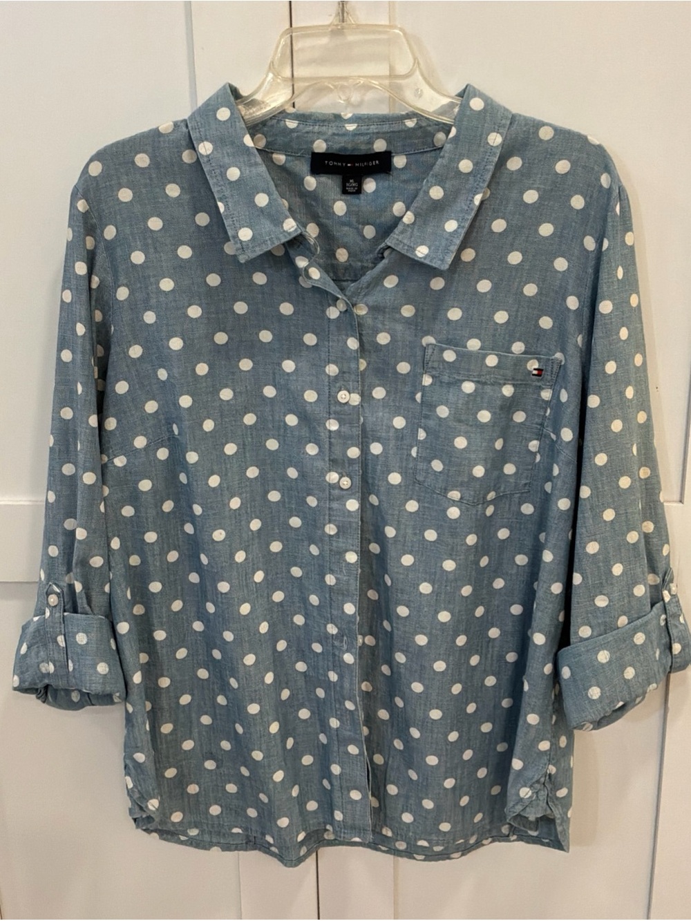 Tommy Hilfiger Blue Polka Dot Long Sleeve Shirt Size XL 100% Cotton Rolled Slv